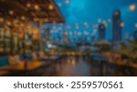 Blurred Background of Cozy urban rooftop restaurant with outdoor dining area, string lights, city skyline at twilight, and elegant seating arrangements. Blurry Background For Design Projects.