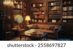 Blurred background of a cozy vintage library featuring dark wooden paneling and elegant furniture, creating a warm ambiance perfect for reading and relaxation.