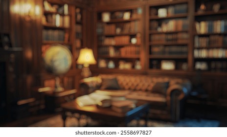 Blurred background of a cozy vintage library featuring dark wooden paneling and elegant furniture, creating a warm ambiance perfect for reading and relaxation. - Powered by Shutterstock