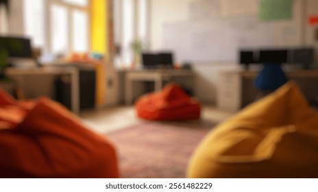 Blurred background of a cozy workspace featuring colorful bean bags and modern office desks, ideal for collaborative learning and fostering creativity in a relaxed environment. - Powered by Shutterstock