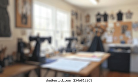 Blurred background of creative sewing studio with artistic tools, sewing machines, design sketches, and fashion illustrations in a bright and inspiring workspace for designers and artists - Powered by Shutterstock