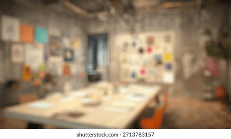 Blurred background of creative workspace with collaborative atmosphere featuring modern decor, artistic wall displays, and a large table ideal for brainstorming sessions