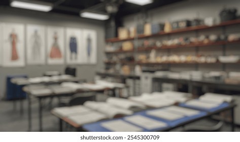 Blurred background of a creative workspace featuring fashion design sketches and costume reference materials, ideal for educational projects and artistic exploration in fashion and design. - Powered by Shutterstock