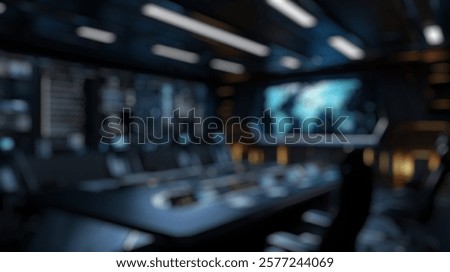Blurred background of a cutting-edge command center featuring an expansive conference table, high-tech screens, and a world map for strategic discussions and planning activities.