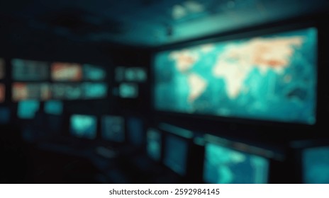 Blurred background of a dark control center showcasing a high-tech environment with a digital world map on a large screen, illustrating global data analytics and various network connections.