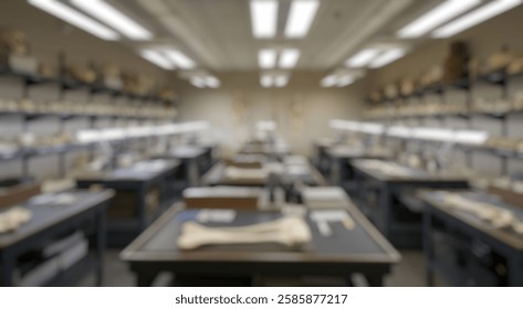 Blurred background of detailed view of a forensic science laboratory featuring various human skeletal remains, workbenches, and study materials in a professional environment