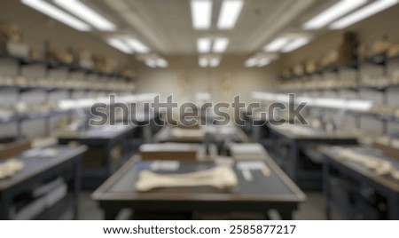 Blurred background of detailed view of a forensic science laboratory featuring various human skeletal remains, workbenches, and study materials in a professional environment