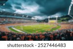 Blurred background of a dramatic rugby match taking place under overcast skies. teams compete fiercely in a vibrant stadium filled with an energetic crowd, capturing the essence of the sport.