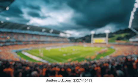 Blurred background of a dramatic rugby match taking place under overcast skies. teams compete fiercely in a vibrant stadium filled with an energetic crowd, capturing the essence of the sport. - Powered by Shutterstock