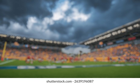 Blurred background of a dramatic scene captures a rugby match taking place in a stadium under overcast skies, showcasing the energetic atmosphere and enthusiastic teams competing.