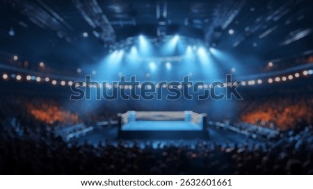 Blurred background of a dramatic view of an iconic boxing arena featuring an empty ring illuminated by bright spotlights, creating an atmosphere filled with anticipation and excitement.