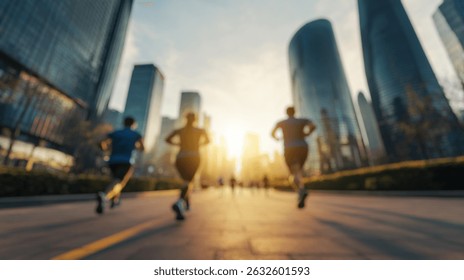 Blurred background of a dynamic scene capturing joggers running along a wide urban path as sunlight illuminates tall buildings. the image conveys energy and outdoor fitness in a bustling cityscape.