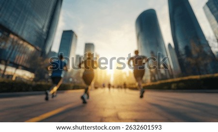Blurred background of a dynamic scene capturing joggers running along a wide urban path as sunlight illuminates tall buildings. the image conveys energy and outdoor fitness in a bustling cityscape.