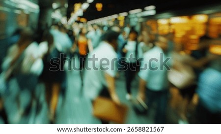 Blurred background of a dynamic scene capturing the bustling energy of a busy subway station during rush hour, showcasing crowds of people in motion amidst the urban environment.