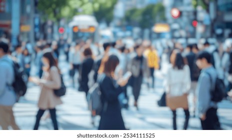 Blurred background of a dynamic scene of a crowded urban crosswalk filled with office workers, showcasing the busy lifestyle and movement in a city during the day. - Powered by Shutterstock