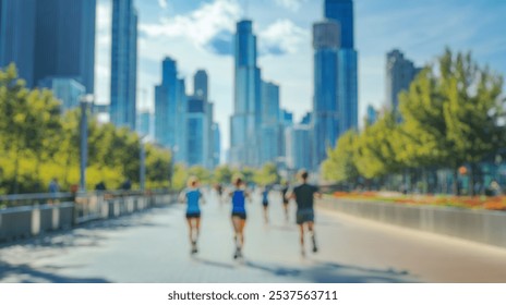 Blurred background of a dynamic scene of joggers running along a wide pathway in a vibrant urban cityscape. tall buildings and lush greenery create a lively atmosphere filled with energy. - Powered by Shutterstock