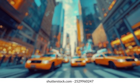 Blurred background of a dynamic view of a bustling street in new york city, featuring yellow taxis in motion against a backdrop of modern architecture and colorful lights. - Powered by Shutterstock