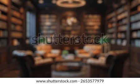 Blurred background of an elegant and cozy library interior featuring dark wood shelves filled with books, leather chairs, and warm lighting, perfect for creating a relaxing reading space.