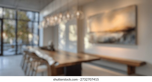 Blurred Background of Elegant Dining Space with Contemporary Art and Modern Lighting in a Stylish Interior Design Setting