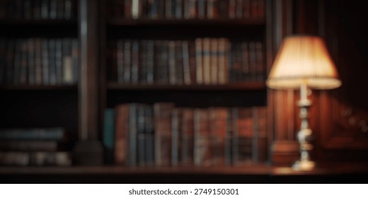 Blurred Background of Elegant library interior with vintage books, warm lamp, wooden shelves showcasing a timeless collection of classic literature and rich history