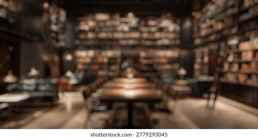 Blurred Background of Elegant library interior with bookshelves, reading areas, wooden table, vintage lamps, and cozy seating in a sophisticated atmosphere