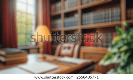 Blurred background of elegant library interior with wooden bookshelves, cozy desk, classic lamp, and green plant in bright natural light, perfect for home office inspiration and legal studies