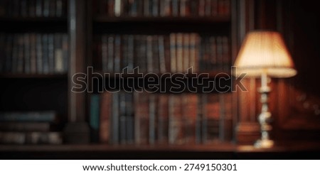 Blurred Background of Elegant library interior with vintage books, warm lamp, wooden shelves showcasing a timeless collection of classic literature and rich history