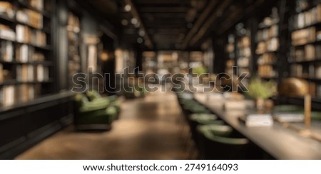 Blurred Background of Elegant modern library interior featuring dark wood shelves, comfortable seating, natural lighting, and a sophisticated ambiance perfect for reading and relaxation