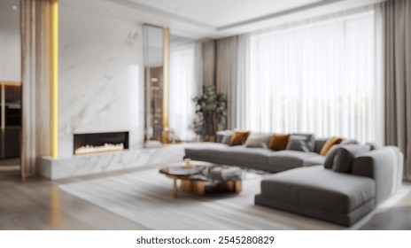 Blurred background of elegant modern living room featuring a grey sectional sofa and gold accents. a bright, inviting atmosphere with stylish decor and cozy elements. - Powered by Shutterstock