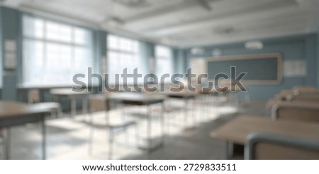 Blurred Background of Empty classroom with rows of wooden desks and chairs, bright natural light coming through large windows, chalkboard on wall, educational environment, serene atmosphere