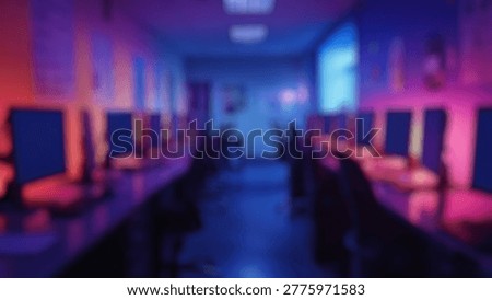 Blurred background of empty computer lab with glowing monitors and colorful lighting, showcasing a serene and modern workspace ideal for technology, education, and digital creativity settings