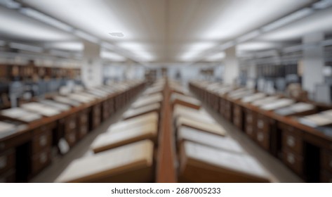 Blurred background of expansive view of a modern archive or library interior filled with organized rows of documents, files, and workstations in a brightly lit space