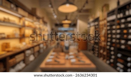 Blurred background of experience the charming interior of a gourmet food store filled with attractive wooden displays, organized shelves and a warm atmosphere inviting exploration of fine products.