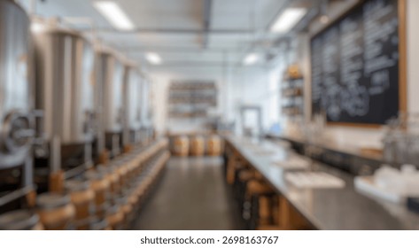 Blurred background of explore the contemporary interior of a modern brewery, showcasing stainless steel tanks, a welcoming bar area, and ample tasting options in a stylish atmosphere.