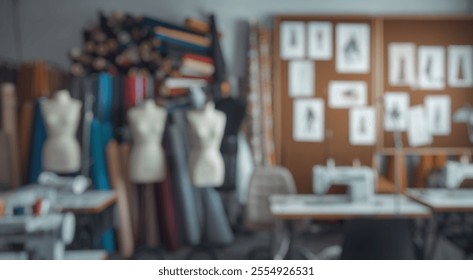 Blurred background of explore a creative sewing studio filled with vibrant fabric rolls, tailoring mannequins, and fashion sketches, showcasing the artistry and craftsmanship of fashion design. - Powered by Shutterstock