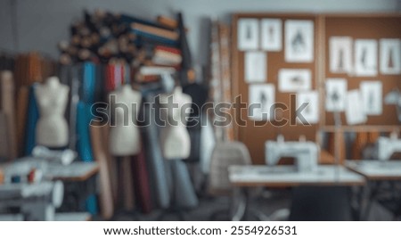 Blurred background of explore a creative sewing studio filled with vibrant fabric rolls, tailoring mannequins, and fashion sketches, showcasing the artistry and craftsmanship of fashion design.