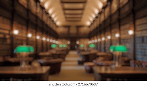 Blurred background of explore an elegant library filled with classic wooden shelves, cozy leather seating, and unique green lamps, creating a warm and inviting atmosphere for reading and study.