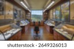 Blurred background of explore the immersive interior of a modern natural history museum featuring detailed exhibits, taxidermy specimens, and a stunning view of the surrounding landscape.