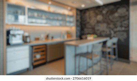 Blurred background of explore a modern kitchen design featuring sleek cabinets, a chalkboard wall adorned with food illustrations, and a cozy seating area, perfect for stylish living and entertaining.