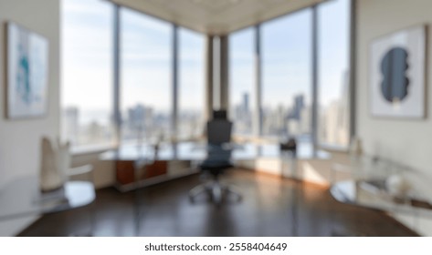 Blurred background of explore a well-designed modern office space featuring a glass desk, ergonomic chair, and breathtaking city skyline views. ideal for professionals seeking inspiration.