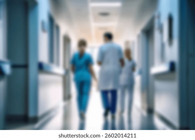 blurred for background. blurred figures of doctors and nurses in a hospital corridor. Doctors and nurses walking in hospital hallway. blurred motion. Moving human figure in the clinic corridor
