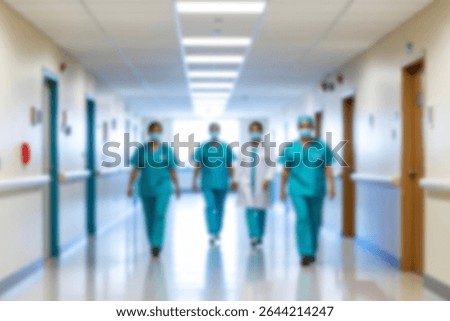 blurred for background. blurred figures of doctors and nurses in a hospital corridor. Doctors and nurses walking in hospital hallway. blurred motion. Moving human figure in the clinic corridor