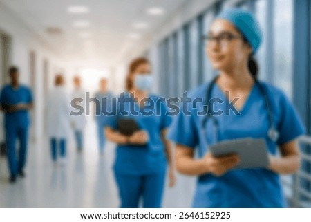 blurred for background. blurred figures of doctors and nurses in a hospital corridor. Doctors and nurses walking in hospital hallway. blurred motion. Moving human figure in the clinic corridor