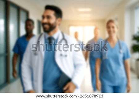 blurred for background. blurred figures of doctors and nurses in a hospital corridor. Doctors and nurses walking in hospital hallway. blurred motion. Moving human figure in the clinic corridor
