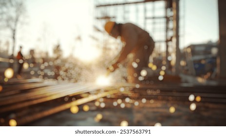 Blurred background of a focused worker welds metal rebar in a sunlit construction area, creating sparks and highlighting the dynamics of manual labor in the industry. - Powered by Shutterstock