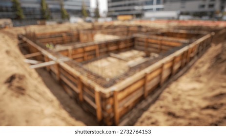 Blurred Background of Foundation Construction Progress at Corporate Building Site with Wooden Forms and Steel Reinforcement Bars in Urban Setting
