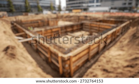 Blurred Background of Foundation Construction Progress at Corporate Building Site with Wooden Forms and Steel Reinforcement Bars in Urban Setting