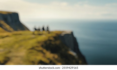 Blurred Background of Four Friends Enjoy Scenic View While Sitting on Bench Overlooking Calm Ocean at Clifftop During Beautiful Sunset. Blurry Background For Design Projects. - Powered by Shutterstock