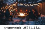 Blurred background of friends gather around a warm fire in a cozy winter scene, surrounded by twinkling lights and snow, creating an inviting atmosphere of joy and togetherness.