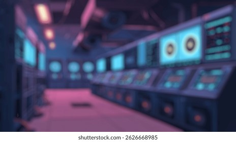 Blurred background of futuristic control room with high-tech monitors and atmospheric lighting: a digital workspace for advanced computing and data processing